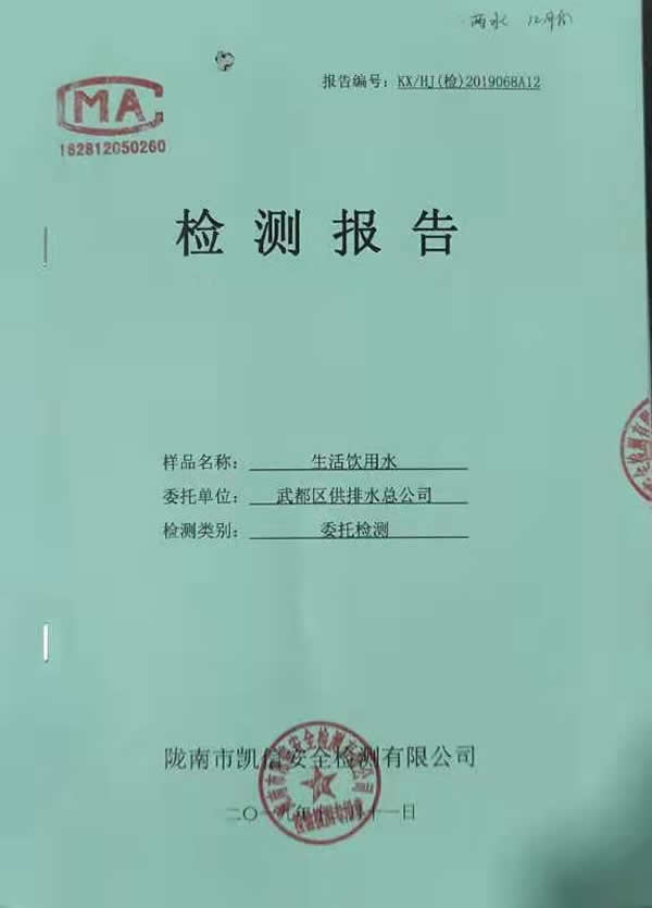 2019年12月11日武都城區飲用水檢測報告