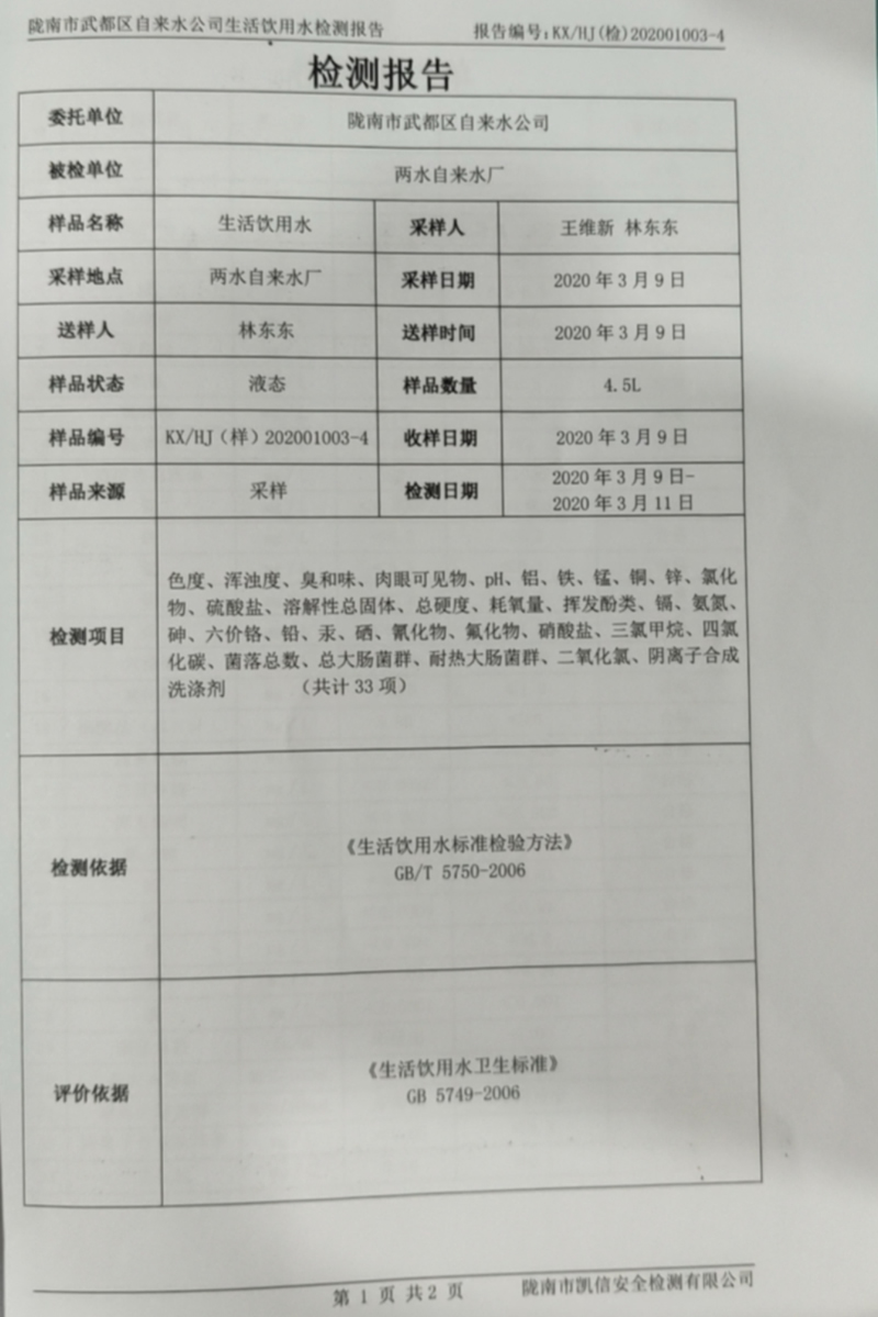 2020年3月17日武都城區飲用水檢測報告