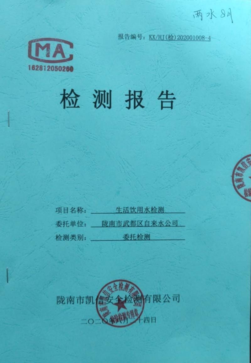 2020年8月24日武都城區飲用水檢測報告